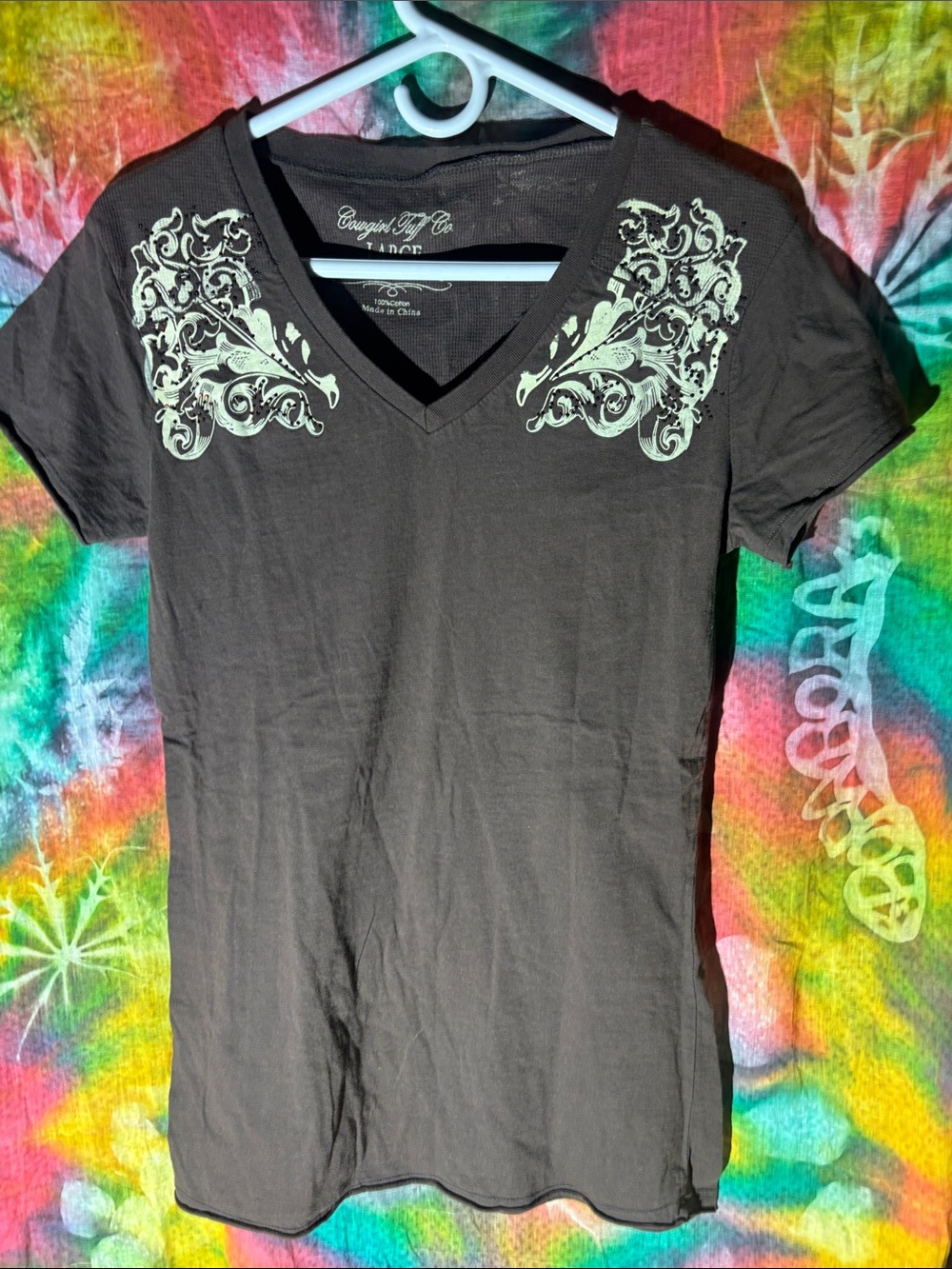 Cowgirl Tuff Black V-Neck Tee with Cream Shoulder Scrolls